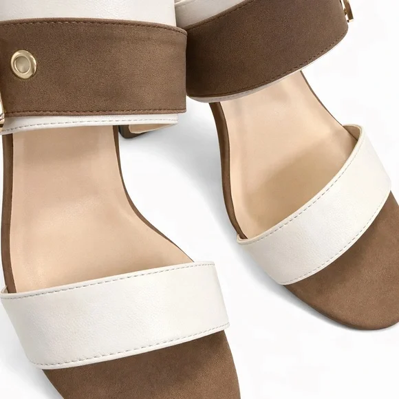Beacon Cream & Tan Block Heel Sandal with Gold Buckle Accent - Picture 4 of 6